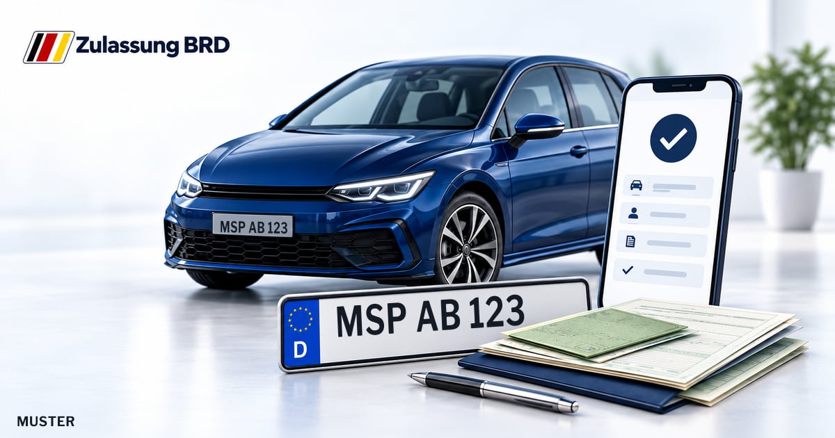 Online Fahrzeugzulassung in Gemünden a.Main: Musterkennzeichen MSP AB 123, Auto und Fahrzeugpapiere und Smartphone. Illustration mit Logo von Zulassung BRD.